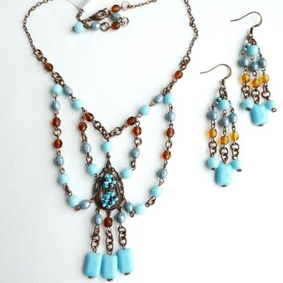 VINTAGE Czech handmade beaded  turquoise amber necklace earring set - Picture 3 of 8